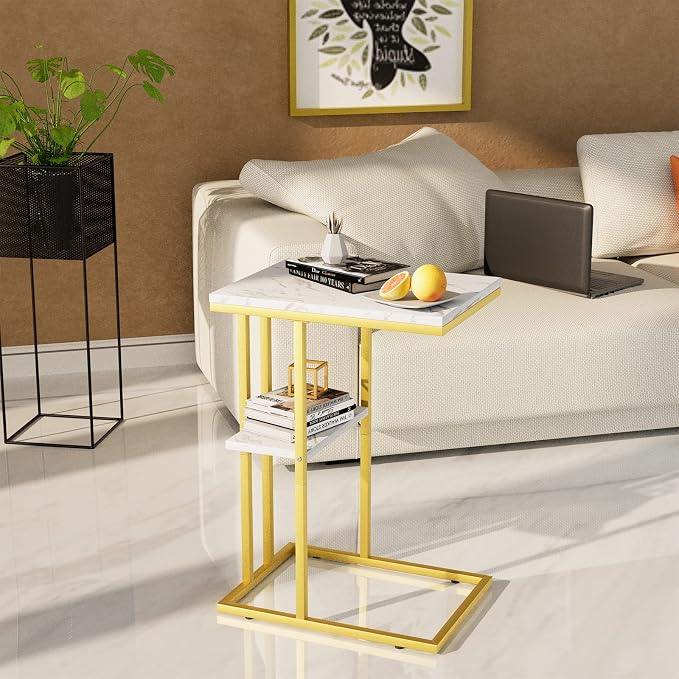 Easy Paws C Shaped End Table,Small Side Table for Couch and Bed, Gold Snack Couch Table for Small Spaces, Living Room, Bedroom,Bedside(Gold)