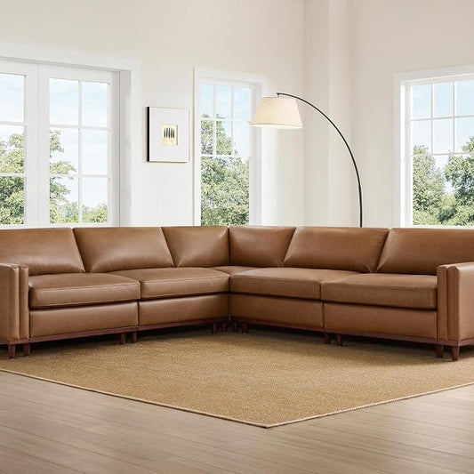CHITA 114” Super Large Luxury Sectional Modular Sofa, Down Filled, 5 Seat Couch, Faux Leather in Camel
