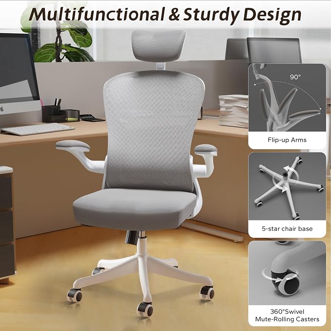 Ergonomic Office Chair with Adjustable Lumbar Support & Flip-Up Armrests - High Back Computer Desk Chair with Thickened Seat Cushion, Rolling Wheels for Home/Office Study Work