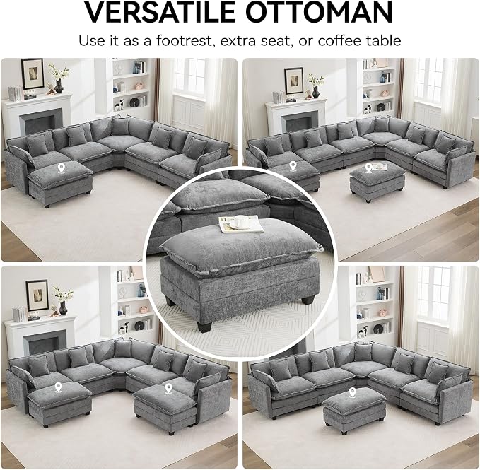 35‘’ Modern Chenille Cloud Sofa Ottoman,Rectangle Ottoman for Modular Sectional Sofa, Grey