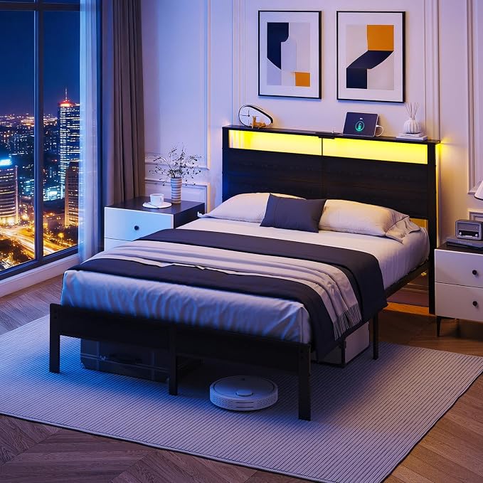 Queen Size Bed Frame with LED Lights, USB Type C Charging Headboard, Black Metal Platform Bed with Storage Shelf, Noise Free Design, No Box Spring Needed