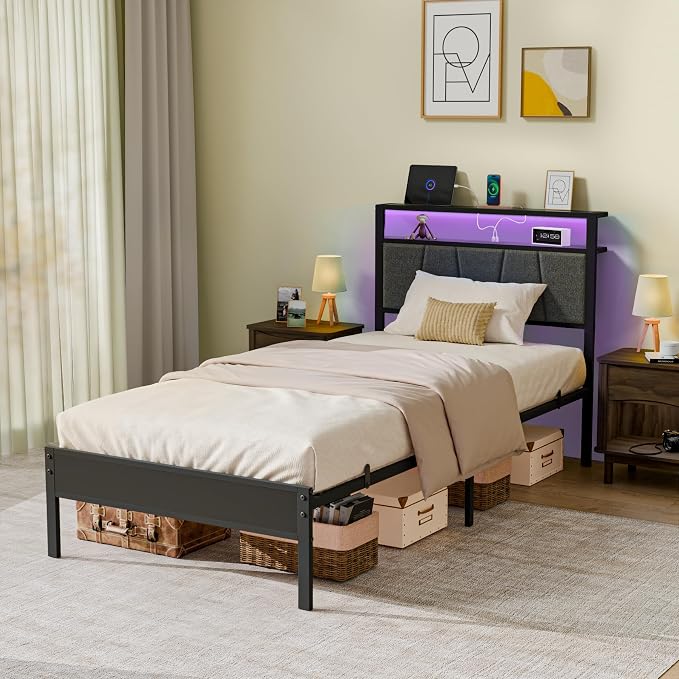 Z-hom 14 Inch Storage Headboard with Charging Station Twin Bed Frame,LED Bed w/Upholstered Headboard and Footboard, Metal Platform Bed w/ 2-Tier Shelves,Easy Assembly,No Box Spring Needed,Noise Free