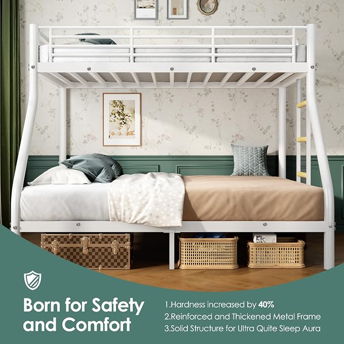 Twin XL Over Queen Bunk Bed Size, Heavy Duty Bunk Beds with Bottom Space & Guardrail Metal Bunk Bed Frame for Adults Dorm Bedroom Guest Room, No Box Spring Needed(Upgrate White)