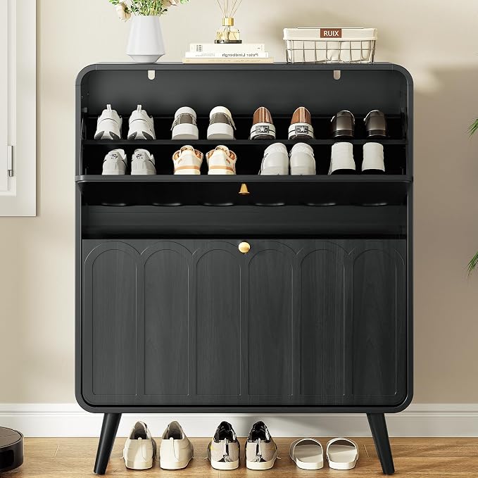 Decofy Shoe Cabinet with 2 flip-Down Drawers (Walnut)