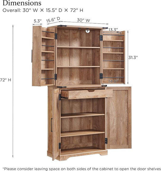 ACCOHOHO 72" Tall Kitchen Pantry, Farmhouse Storage Cabinet with Barn Doors, Organizer, Drawer and Adjustable Shelves, Rustic Wood Cupboard for Kitchen, Dining Room, Bathroom and Hallway, Light Walnut