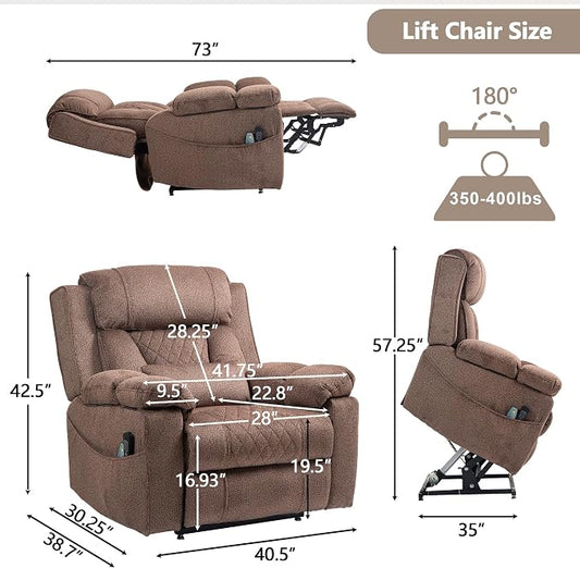 FUNECORP Big Man Power Lay Flat Lift Chair Oversized Recliner Dual Motor Heat Vibration for Elderly, Overstuffed Electric Extra Wide Recliners with Flip Arm Storage Cup Holders,USB Type C Charging