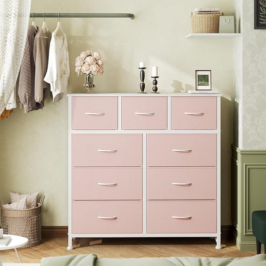 OLIXIS 9 Drawer Storage Dresser with Wood Top - Wide Fabric Chest Organizer for Bedroom, Closet, Living Room,Tower Cabinet, TV Stand, Hallway Entryway Furniture,Pink