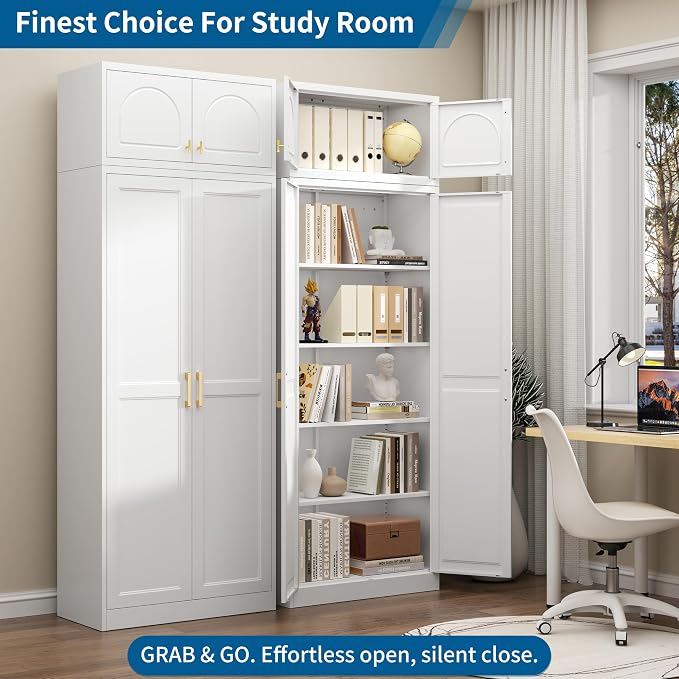 86" Tall Metal Kitchen Pantry Storage Cabinet with Doors | Extra Large Heavy Duty Steel Cabinet, 4 Adjustable Shelves, Easy-Access Gold Handles, White, 2 Packages, Home Office Pantry