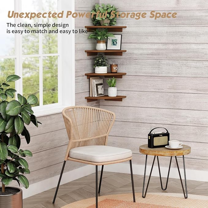 Forbena Corner Bookshelf Wall Mounted Set of 4, Wooden Floating Book Shelves for Nursery, Large Wall Shelving Unit for Living Room Bedroom Bathroom Kitchen Office Classroom Corner (Walnut Color)