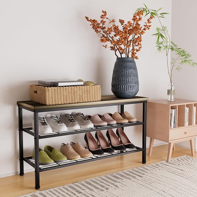 3-Tier Metal Shoe Rack with Wood Top - Durable & Space-Saving Shoe Organizer,Industrial Shoe Organizer Shelf Bench Storagefor Closet Entryway, Bedroom & Hallway - Gray + Black 28.5 W × 18" H