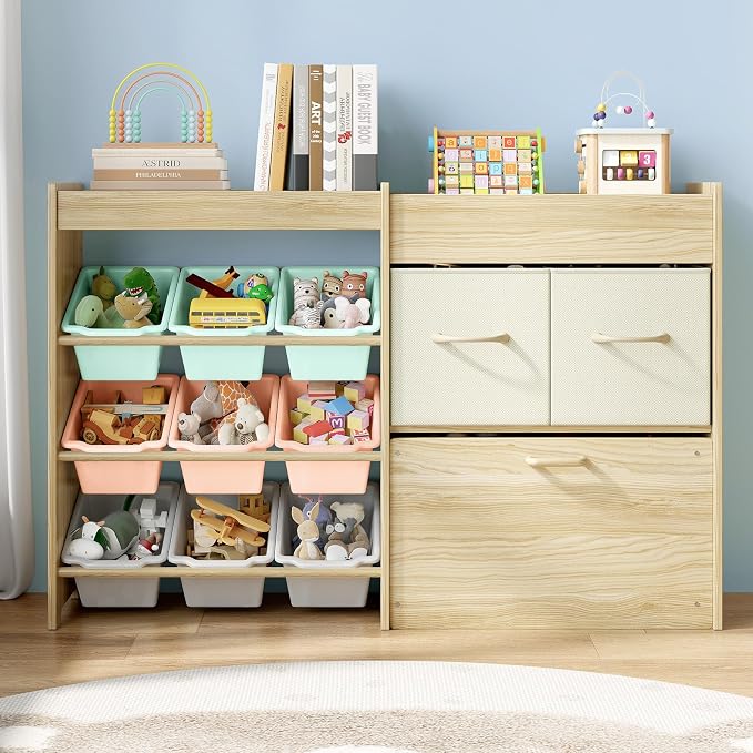 EXPERLAM Toy Storage Organizer for Kids, 9-Bin Toy Organizer with 2-Drawers,Movable Toy Chest and Top Rack, Kids Bookshelf and Toy Storage for Playroom, Bedroom, Nursery, Multi-Color