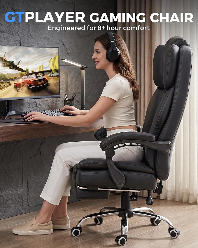 GTPLAYER Executive Office Chair Big and Tall Leather Gaming Chair with Pocket Spring Cushion & Ergonomic Lumbar Support for Lower Back Pain Relief, Comfy Desk Chair with Footrest, Matte-Black