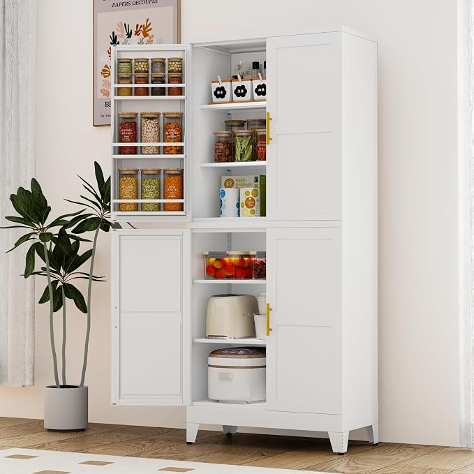 GAIOUS 74.8" Tall Metal Food Cabinet, White Kitchen Pantry Cabinet Cupboard | Food Storage, Kitchen Organizer, Storage Cabinet with 4 Door and 4 Adjustable Shelves, Steel Freestanding, for Dining Living