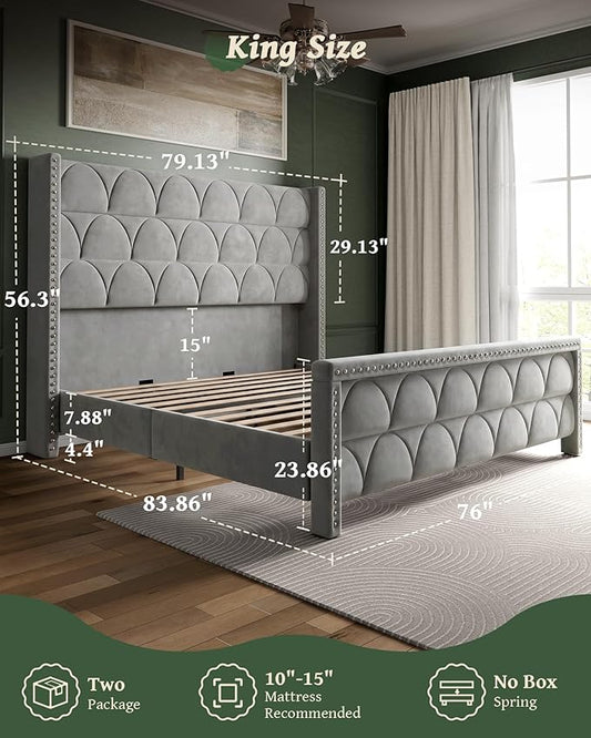 OHOHOLIVE King Size Bed Frame with 56" Headboard - Velvet Upholstered Wingback Platform Bed Frame, Noise Free, Sturdy Wooden Slat Support (Deep Gray, King)