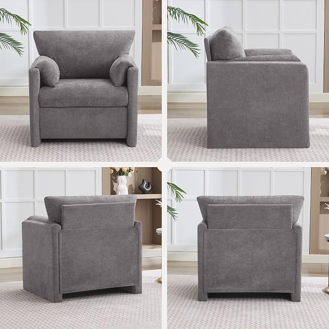 Oversized Accent Chair for Living Room, 32.68" Modern Armchair Set of 2 with Deep Seat, Mid-Century Comfy Reading Chair with Padded Arms, Large Chenille Single Sofa Chairs for Bedroom, Light Grey