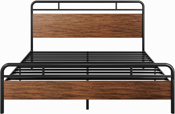 SHA CERLIN King Size Bed Frame with Wooden Headboard and Footboard, Rounded Corner Metal Structure, Heavy Duty Slats with Under-Bed Storage, No Box Spring Needed, Walnut