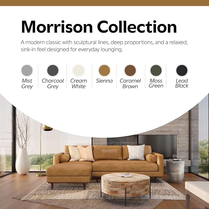 SIMPLIHOME Morrison Left Sectional Sofa in Full-Grain Genuine Leather, Caramel Brown, 102-inches Wide, L-Shaped Leather Couch with Left Chaise for The Living Room and Family Room