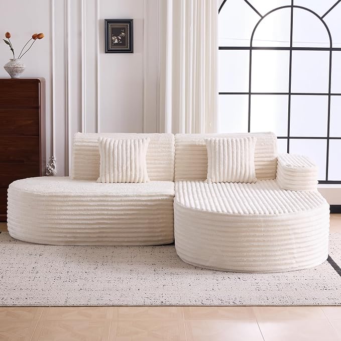 Modern Curved Boneless Sofa Couch, L-Shaped Corner Sofa, Corduroy Upholstered Cloud Sectional Couch for Living Room, Bedroom and Apartment,No Assembly Needed(Beige, Right Hand Facing)