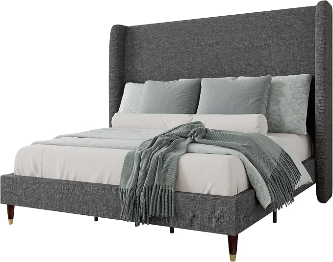 Jocisland King Size Bed Frame 51.2" Wingback Headboard Linen Upholstered Platform Bed,Solid Wood Legs & Wooden Slats,No Box Spring Needed,Noise-Free,for Family Master Suite Cozy Home,Dark Grey