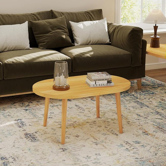 Oval Coffee Table Low Table with 4 Solid Wood Sturdy Legs,Floor Table Desk for Sitting on The Floor,19.7"D x 31.5"W x 16"H Inches,Living Room/Toy room Furniture,Rental house Furniture (Natural-Oval)