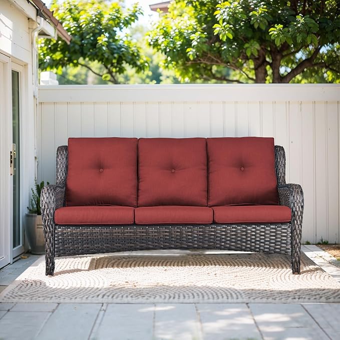 Outdoor Couch All Weather PE Wicker Patio Sofa Outdoor Sofa Deep Seating for Porch Deck Backyard-Brown/Red
