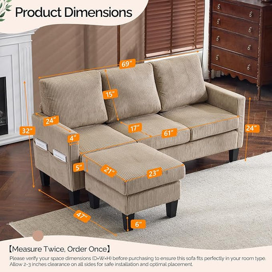 VINGLI 68.5' L Shaped Couch with Movable Storage Ottoman, Convertible Sectional Sofa in Soft Corduroy Fabric, Modern Reversible Chaise Couch for Small Spaces, Apartment, Living Room,Khaki