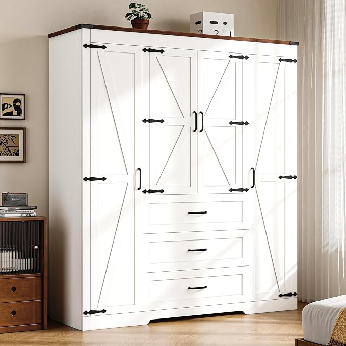 70" Tall Armoire Wardrobe Closet with 4 Doors & 3 Drawers, Farmhouse Bedroom Storage Cabinet with Hanging Rod, Freestanding Wooden Armoire Wardrobe Closet, White