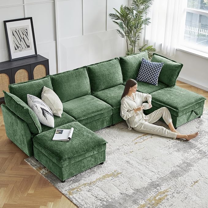 HULALA HOME 127'' Modular Sectional Sofa, Oversized U Shaped Couch with Storage Ottoman, Comfy Chenille Sofa with Deep Seat, 6 Seat Convertible Couches for Living Room, Green