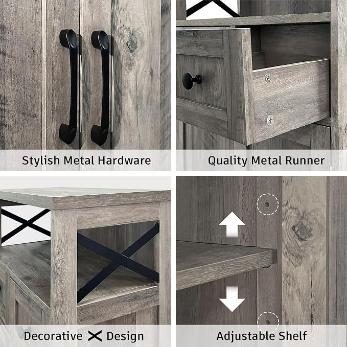 Befrases Farmhouse Storage Cabinet with Drawers and Shelf, Freestanding Kitchen Pantry Hutch for Kitchen, Living Room, Home Office, Rustic Grey