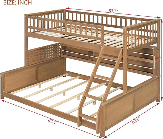 Twin XL Over Queen Bunk Bed, Wood Bunk Bed with Integrated Shelving, Color-Changing Lights and Pegboard for Kids Teens Adults, Brown