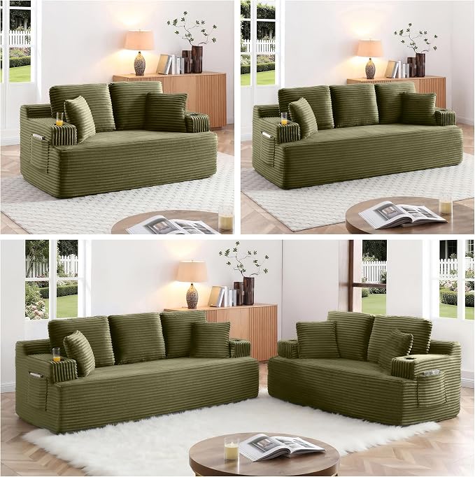 66.5'' Boneless Sofa Couch with Cup Holders & Side Pockets, Modern Corduroy Fabric Upholstered Loveseat Couch with 2 Throw Pillows for Living Room Office, No Assembly (Green)