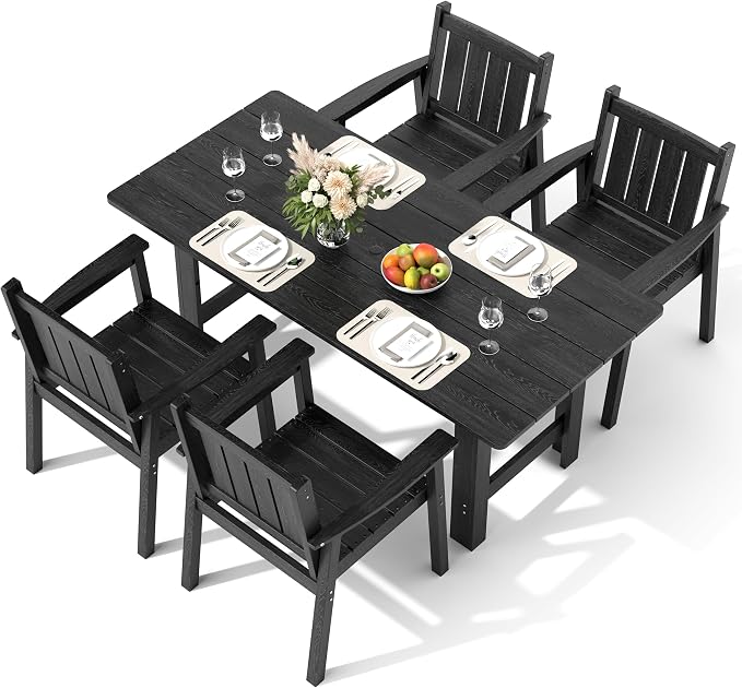 Pamapic 5-Piece Outdoor Dining Set, HDPE Outdoor Rectangular Table and 4 Chairs, Wood Grain Patio Furniture Sets with Armrest, All-Weather Patio Dining Table with Umbrella Hole, Black