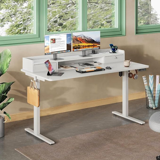 DEVAISE 55 Inch Electric Standing Desk with Shelf, Adjustable Computer Desk for Home Office, with LED Touchscreen, Headphone Hook, 3 Memory Preset, with One-Piece Desktop, White