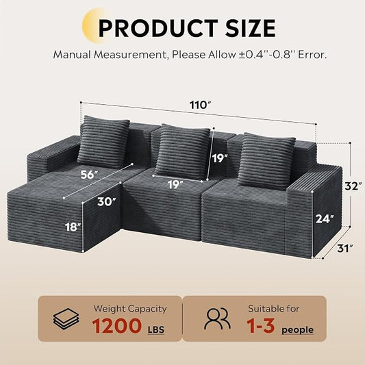 WLIVE 110'' Cloud Sectional Couches for Living Room, Modular Boneless Couch with Facing Chaise, L Shape Memory Foam Corduroy, with Ottoman, Grey