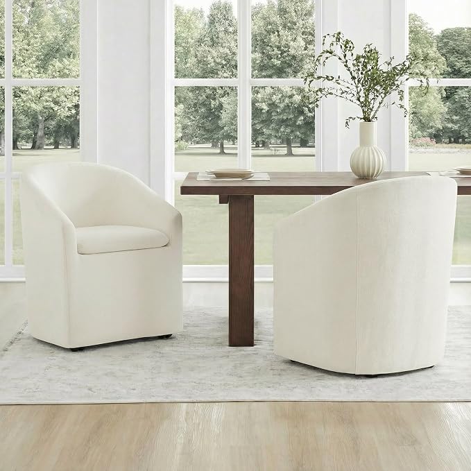 KISLOT Upholstered Dining Chairs Set of 4 with Casters, Modern Side Barrel Armchair with Washable Slipcover & Sturdy Metal Frame for Diningroom Bedroom Livingroom Reading Room, Beige Fabric
