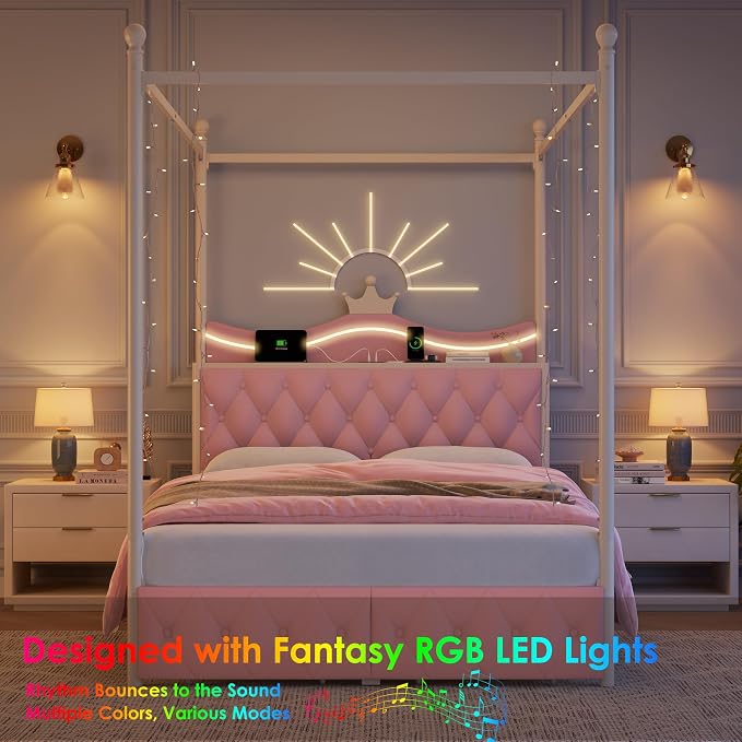 Keyluv Queen Size Upholstered LED Canopy Bed Frame with Charging Station and Drawer, Button Tufted Crown Headboard with Storage Shelf, Two-Purpose Removable Four Poster Design Platform Bed, Pink
