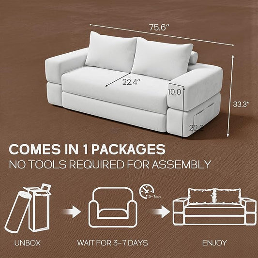 75'' Folding Convertible Sofa Bed with Large Pillow, 4-in-1 Foldable Pull Out Futon Sofa Bed, Chenille Boneless Mattress Couch, No Assembly Floor Sleeper Sofa Bed for Living Room/Bedroom, Cool Gray