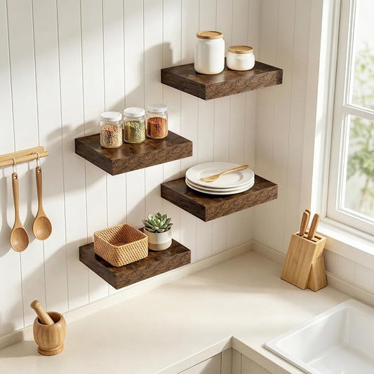 RICHFOCUS 8 Inch Floating Shelves for Wall Small Square Shelves Set for Bedroom|Kitchen|Bathroom|Wall Mounted Rustic Wood Floating Shelf with Invisible Brackets for Books|Storage|Decor, Rustic Brown