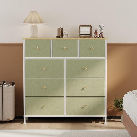 OLIXIS 9 Drawer Storage Dresser with Wood Top - Wide Fabric Chest Organizer for Bedroom, Closet, Living Room,Tower Cabinet, TV Stand, Hallway Entryway Furniture, Light Green