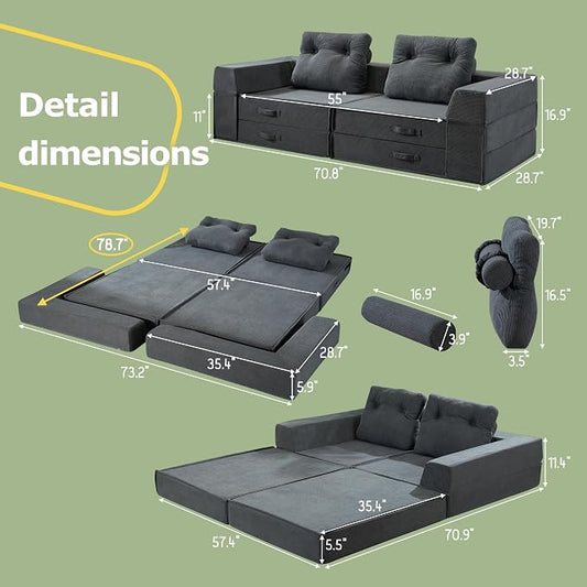Folding Sofa Bed, 4 in 1 Convertible Sleeper Chair with Pillow, Loveseat Memory Foam Fold Out Chair Bed, Modern Floor Futon Sofa Couch Mattress for Living Room/Guest/Apartment, Black Grey | Compressed sofa