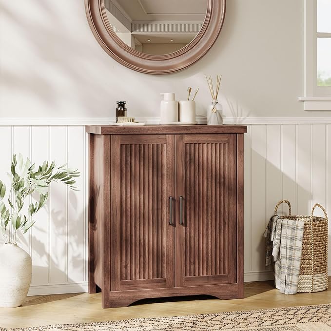 Memobarco Fluted Buffet Cabinet with Storage Accent Sideboard,Modern Credenza with 2 Doors & Adjustable Shelves,Wood Coffee Bar Table Console for Dining Room Kitchen Living Room Entryway, Walnut