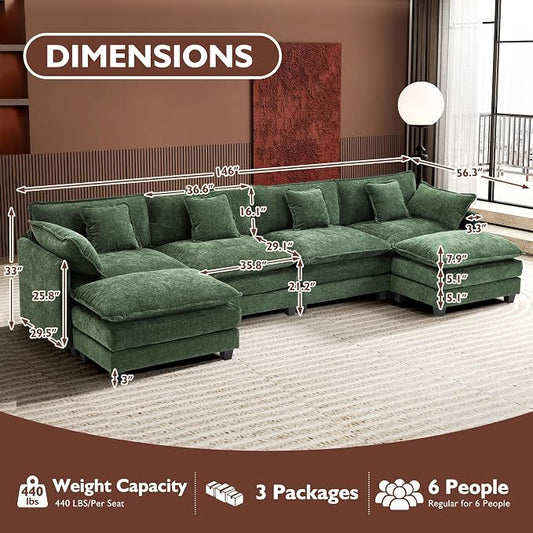 Ihanherry 146" U-Shaped Modern Sofa Modular Sectional Cloud Couch with 2 Ottoman, 6-Seat Chenille Deep Seat Sofa with 6 Pillows for Living Room, Bedroom and Apartment, Green