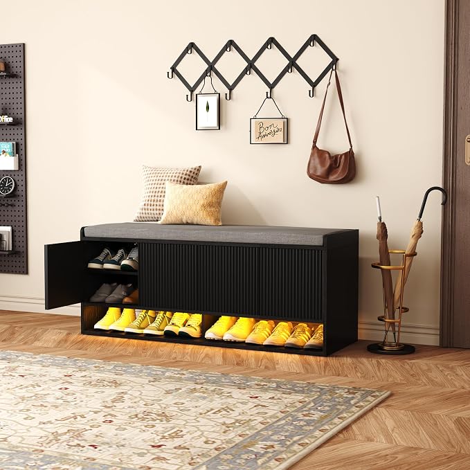 HOMEFORT 47.2" Fluted Shoe Storage Bench, Entryway Bench with Linen Seat Cushion, Shoe Cabinet Bench with Adjustable Shelf and Built-in LED Sensor Light, Bench for Bedroom End of Bed, Black
