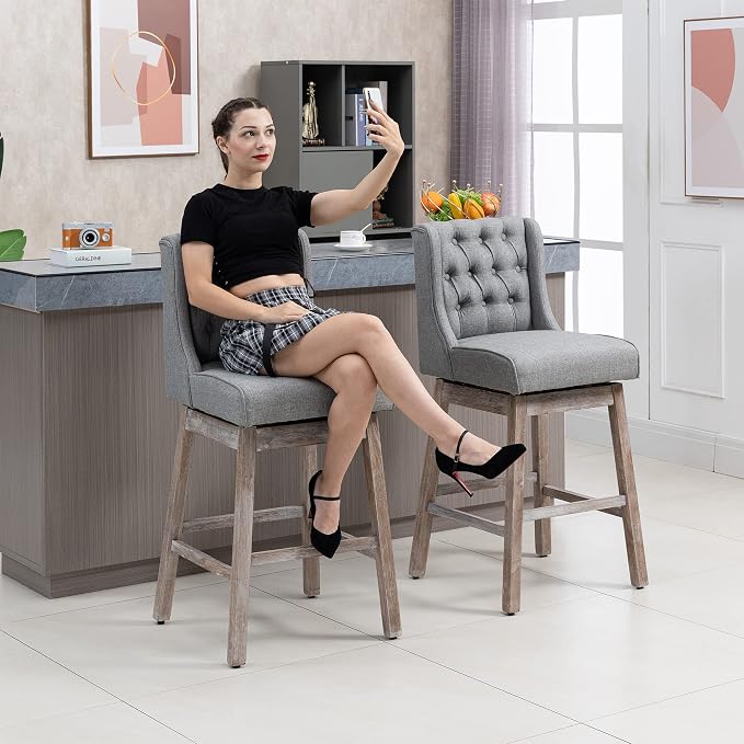 HOMCOM Bar Height Bar Stools Set of 2, 180 Degree Swivel Barstools with Solid Wood Footrests and Button Tufted Design, 30" Seat Height Bar Chairs for Kitchen Island, Gray