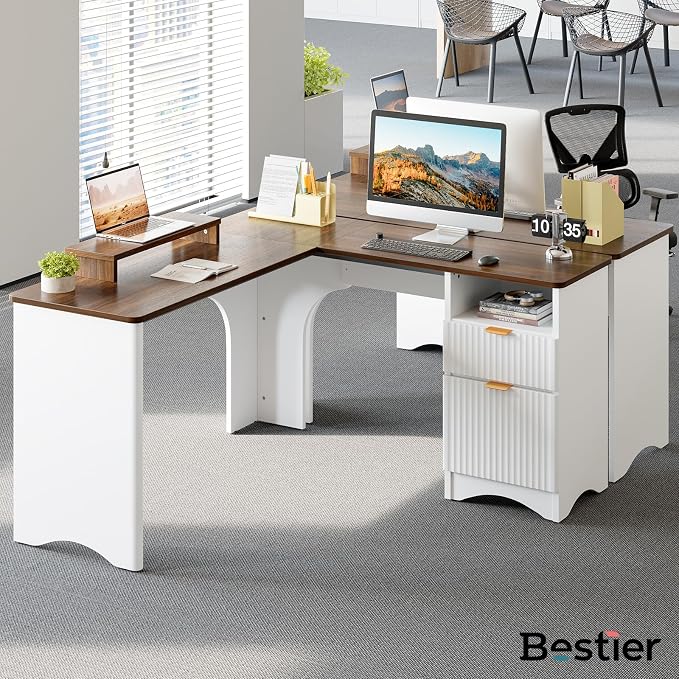 Bestier L Shaped Desk with File Drawer, 55.7" x 55" Office Computer Desk with Round Corners, Modern Desk with Monitor Stand & Fluted Panels for Home Office, White & Walnut