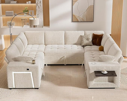 Vipbear 111" Modular Sectional Sleeper Sofa with Pull Out Bed, 8 Seat Chenille U Shaped Couch with 2 Pull-Out Beds|USB Ports|Cup Holders|Side Table|LED Light, Tool Free Assembly, Beige