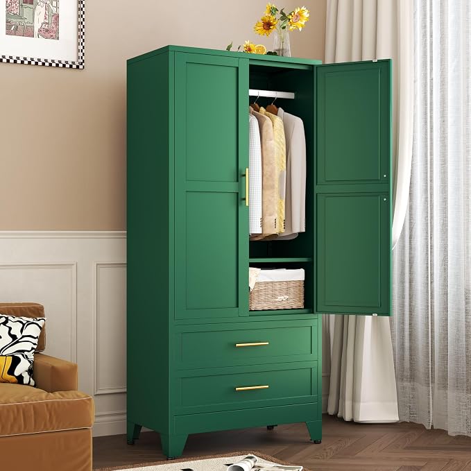 winiowa Metal Armoire Wardrobe Closet with 2 Drawers, 71" Wardrobe Cabinet with Adjustable Shelves and Hanging Rod, Clothing Storage Cabinet Closet for Bedroom-Green