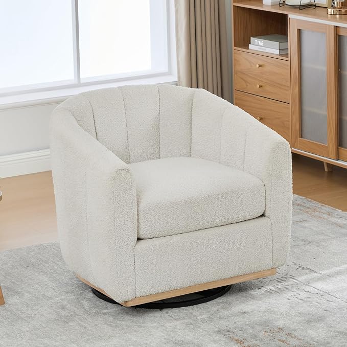 Swivel Barrel Chair, 360 Degree Round Swivel Accent Chair for Living Room, Mid Century Modern Upholstered Accent Chair,Comfy Tufted Sofa Armchairs for Bedroom,Nursery,Boucle,Ivory
