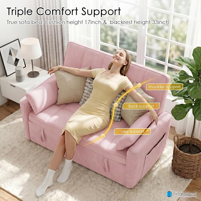 54'' Sleeper Sofa Bed, Convertible Pull Out Couch Futon for for Living Room,Apartment (Pink, Loveseat) Side Pockets, Velvet Fabric, Adjustable Backrest, Pull-Out Bed, Easy Assembly