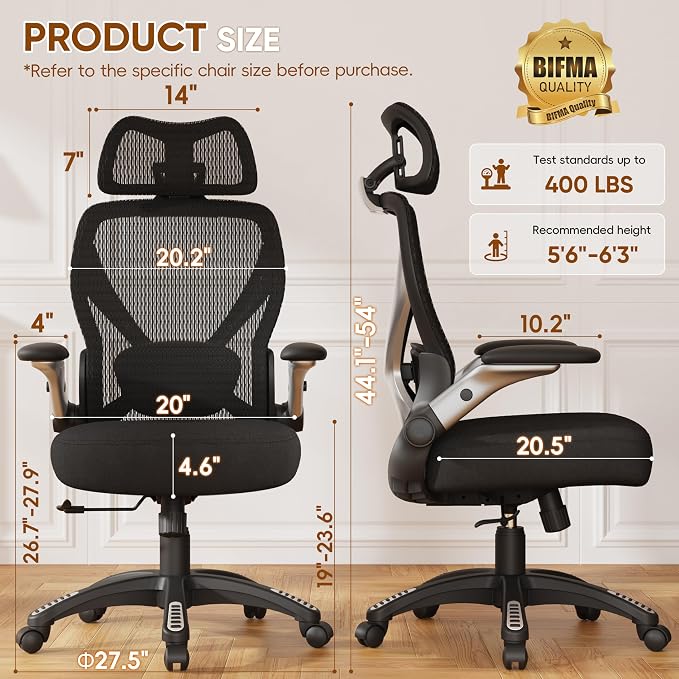 GABRYLLY Ergonomic Office Chair, Big and Tall Mesh Chair with Adjustable Lumbar Support, 5D Arms & Wide Seat, 135° Recline Home Desk Computer Chairs for Work Gaming, Heavy Duty,400LBS - Black